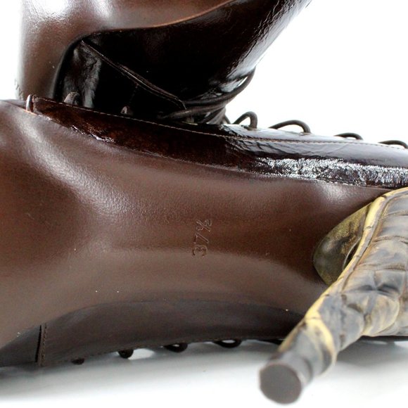 Gianni Barbato Patent Leather Lace Up Pointed Pumps Sculptural Heel Brown 7.5 - Picture 10 of 16